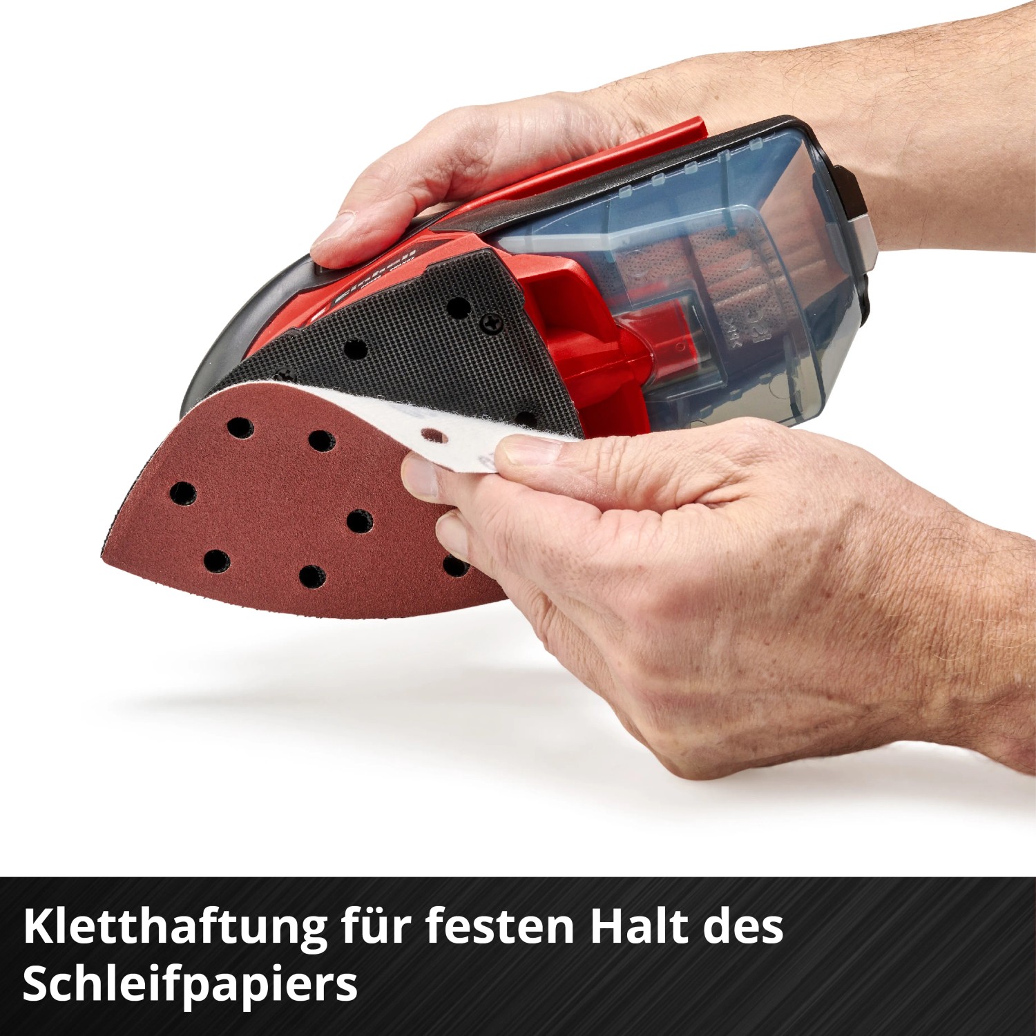 Levigatrice multifunzione a batteria Einhell TE-OS 18/150 Solo con carta vetrata applicata a mano.