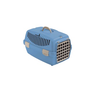 Trasportino blu per piccoli animali, ideale per viaggiare con il tuo animale domestico.