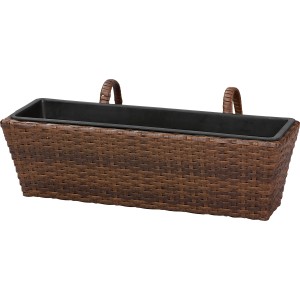 Fioriera da balcone in rattan marrone con inserto nero.