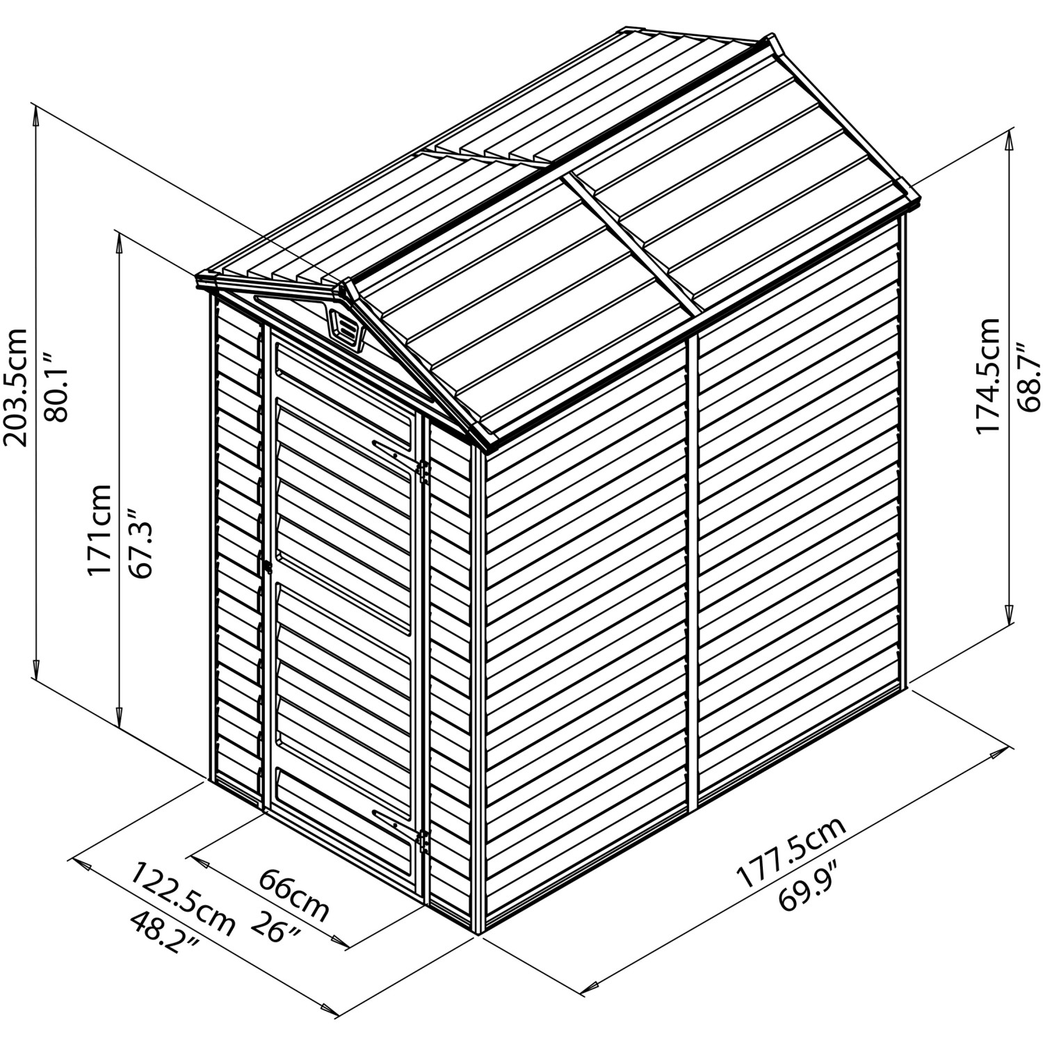 Schizzo casetta Palram Canopia Skylight 1.2 x 1.8 Grigio con dimensioni.