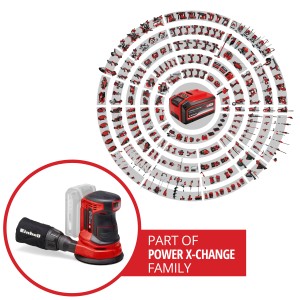 Levigatrice eccentrica a batteria Einhell Power X-Change TE-RS 18 Li Solo con sacco raccoglipolvere, batteria non inclusa. Parte della famiglia Power X-Change.