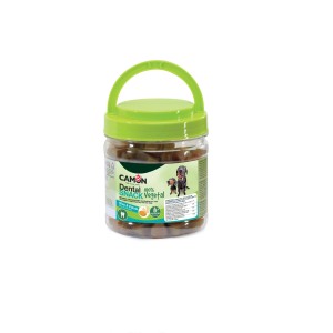 Barattolo di snack per cani, snack dentali, vegetariano.