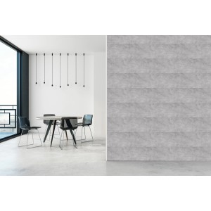 Rivestimento murale grigio t.b.t. in sala da pranzo moderna. Pannelli decorativi per un ambiente elegante.