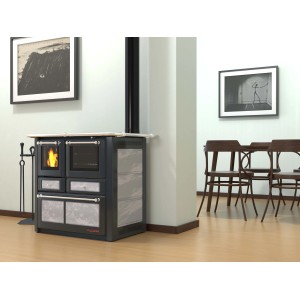 Stufa a legna t.b.t. con piano cottura e forno dal design moderno.