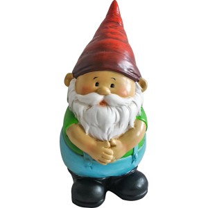 Gnomo da giardino in piedi, 20 cm, con cappello rosso e abiti blu-verdi.