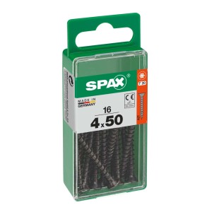 Viti universali Spax, 4x50 mm, zincate, nere, 16 pezzi in confezione verde.