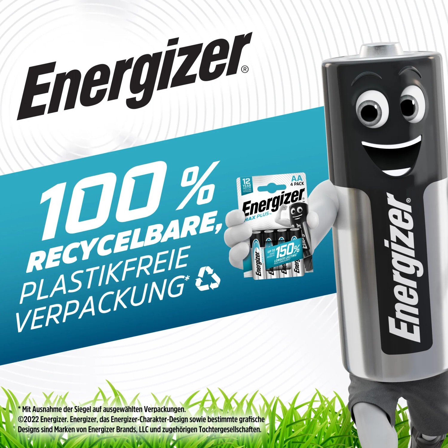 Batteria Energizer Max Plus 9V con mascotte e confezione riciclabile.