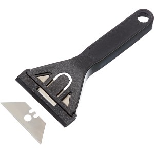 Raschietto per vetro LUX con manico nero e lama di ricambio per rimuovere i residui.