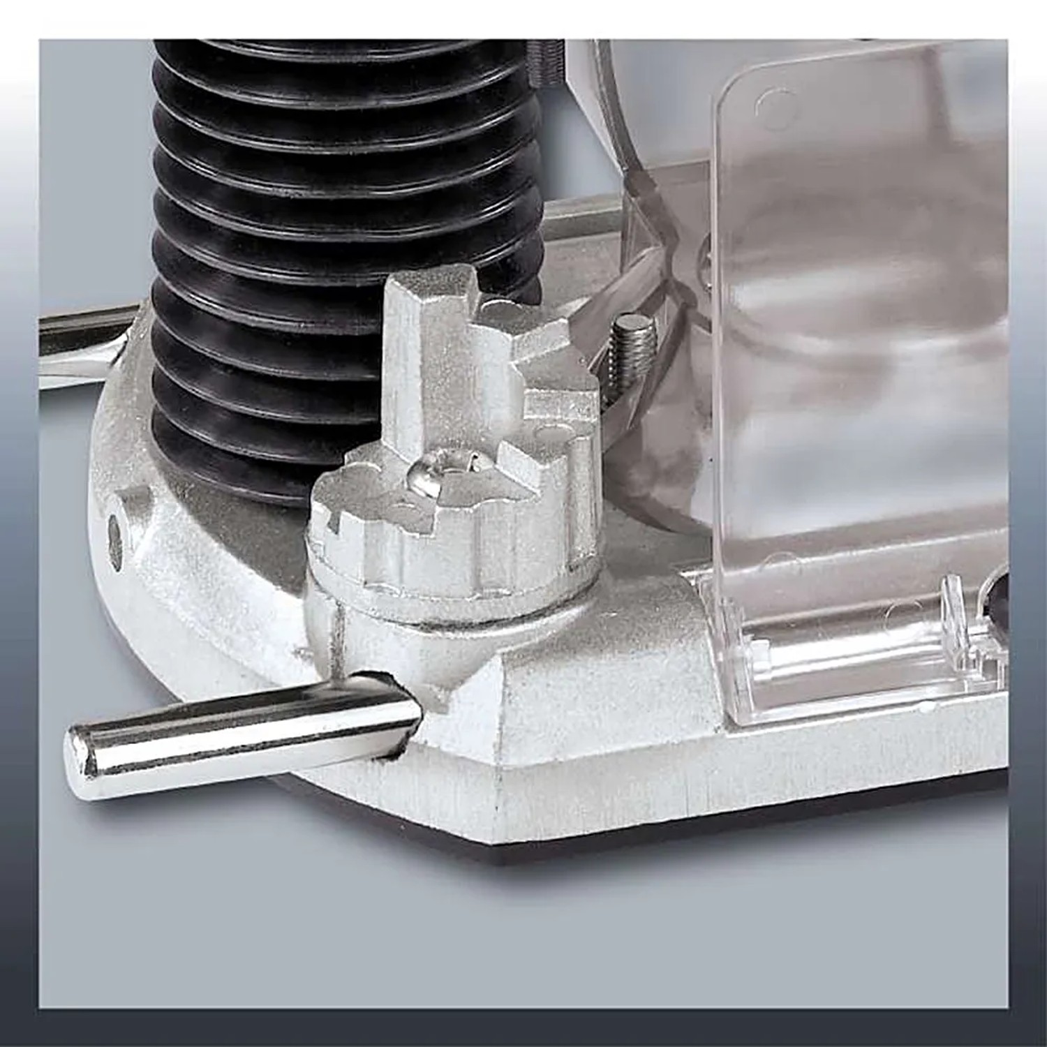 Dettaglio della fresatrice verticale Einhell TC-RO 1155 E, con regolazione profondità e protezione trucioli.