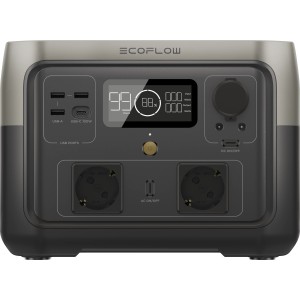 EcoFlow River 2 Max Power Station con batteria da 512 Wh, porte e display.