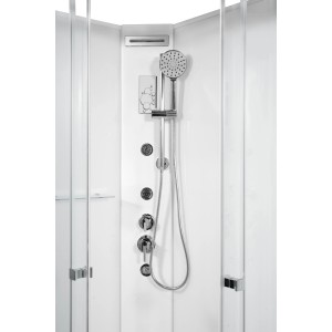 Box doccia t.b.t. con set doccia e rubinetteria in bianco e cromo.