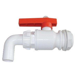 Rubinetto dell'acqua con maniglia rossa per attrezzatura da campeggio.