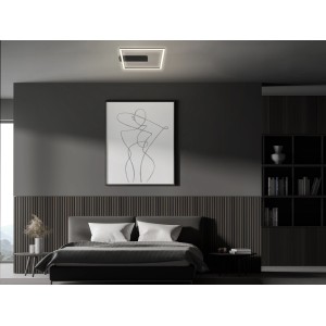 Plafoniera LED moderna t.b.t. in camera da letto, quadrata con accento nero.