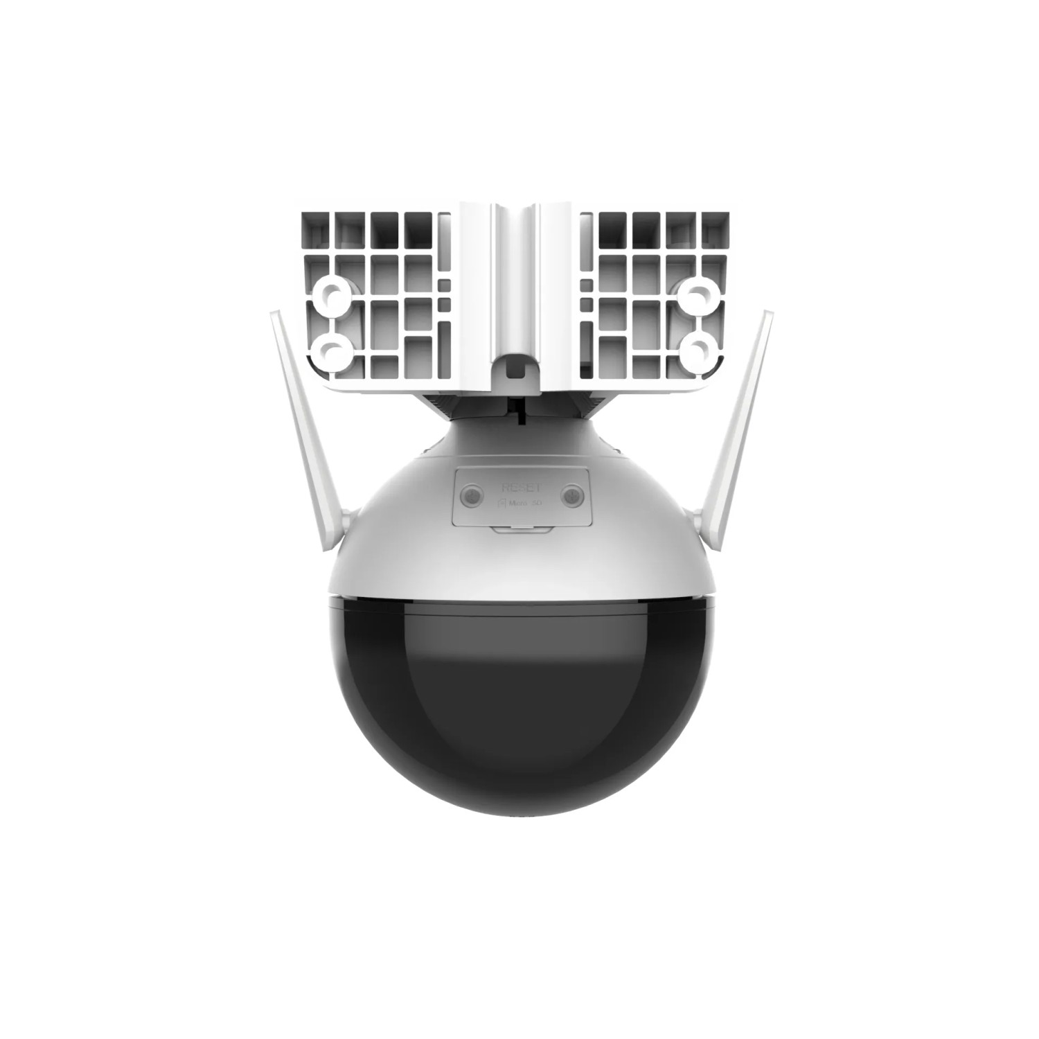 Telecamera di videosorveglianza t.b.t. per esterni, cupola bianca con antenne.