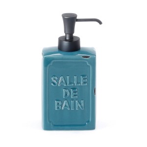 Dispenser di sapone blu con scritta "Salle de Bain" per il bagno.