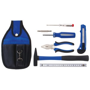 Set di attrezzi LUX Classic, 7 pezzi con borsa, martello, pinze, cacciavite, coltello e metro pieghevole.