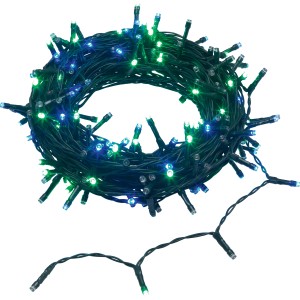 Catena luminosa da esterno arrotolata con LED blu e verdi.