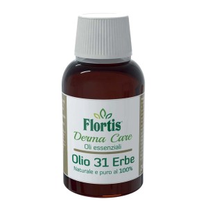 Flortis Derma Care Olio 31 Erbe, Antizanzare in flacone di vetro marrone con tappo bianco.