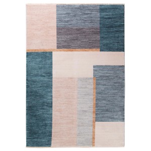 Tappeto moderno con motivo geometrico nei toni del blu, beige e grigio.