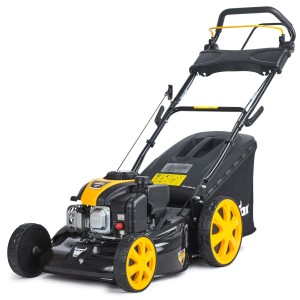 Tagliaerba a scoppio t.b.t. nero con dettagli gialli e cesto di raccolta.
