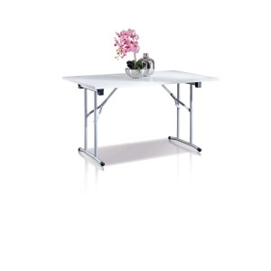 Tavolino pieghevole bianco con elementi decorativi sul piano.