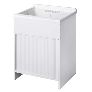 Mobile lavatoio bianco con anta a rullo per lavanderia o bagno.