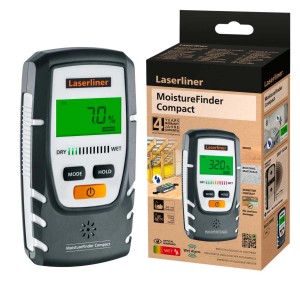Misuratore di umidità Laserliner MoistureFinder Compact con display digitale e confezione.