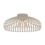 Plafoniere moderna con paralume a listelli di legno chiaro e lampadina.