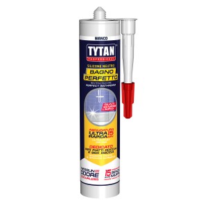 Silicone sanitario neutro Tytan, bianco, con applicatore. Ideale per bagno e doccia.