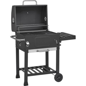 Grill a carbone Jamestown Jaxon grigio scuro con coperchio aperto, ripiano laterale e ruote.