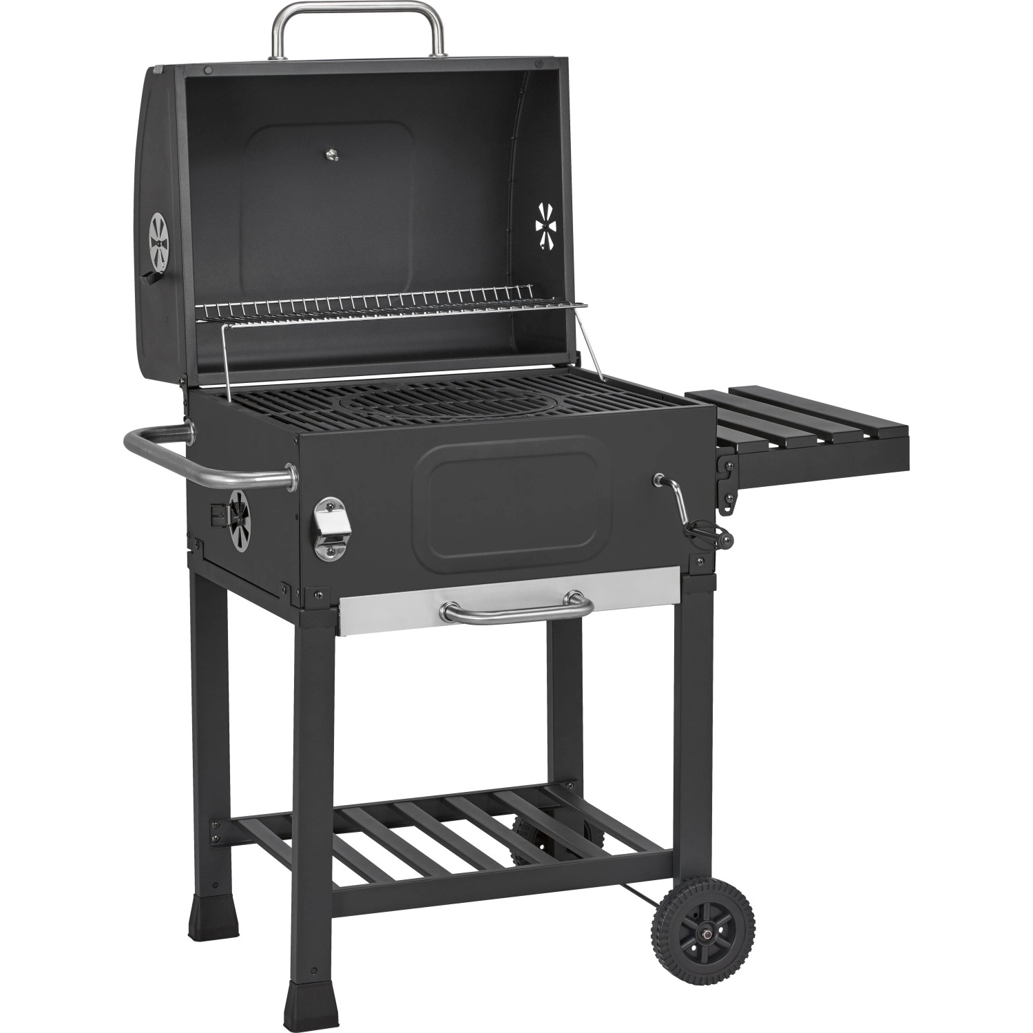 Grill a carbone Jamestown Jaxon grigio scuro con coperchio aperto, ripiano laterale e ruote.