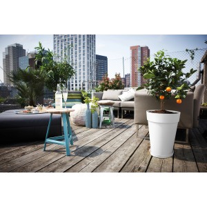 Vaso da fiori Elho Loft Urban bianco alto (Ø 35 cm) con albero di arancio su una terrazza panoramica.