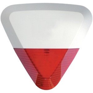 Componente del sistema di allarme t.b.t. con luce rossa lampeggiante e alloggiamento bianco.