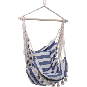Sedia sospesa Lytton a righe blu e bianche con barra di legno e nappe, comoda amaca.