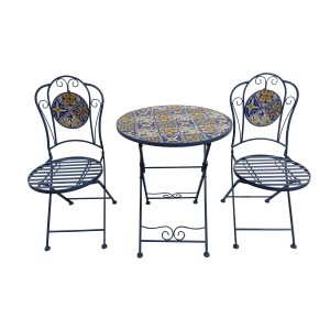 Set mobili da balcone t.b.t. con tavolo e due sedie, blu con motivo a piastrelle.