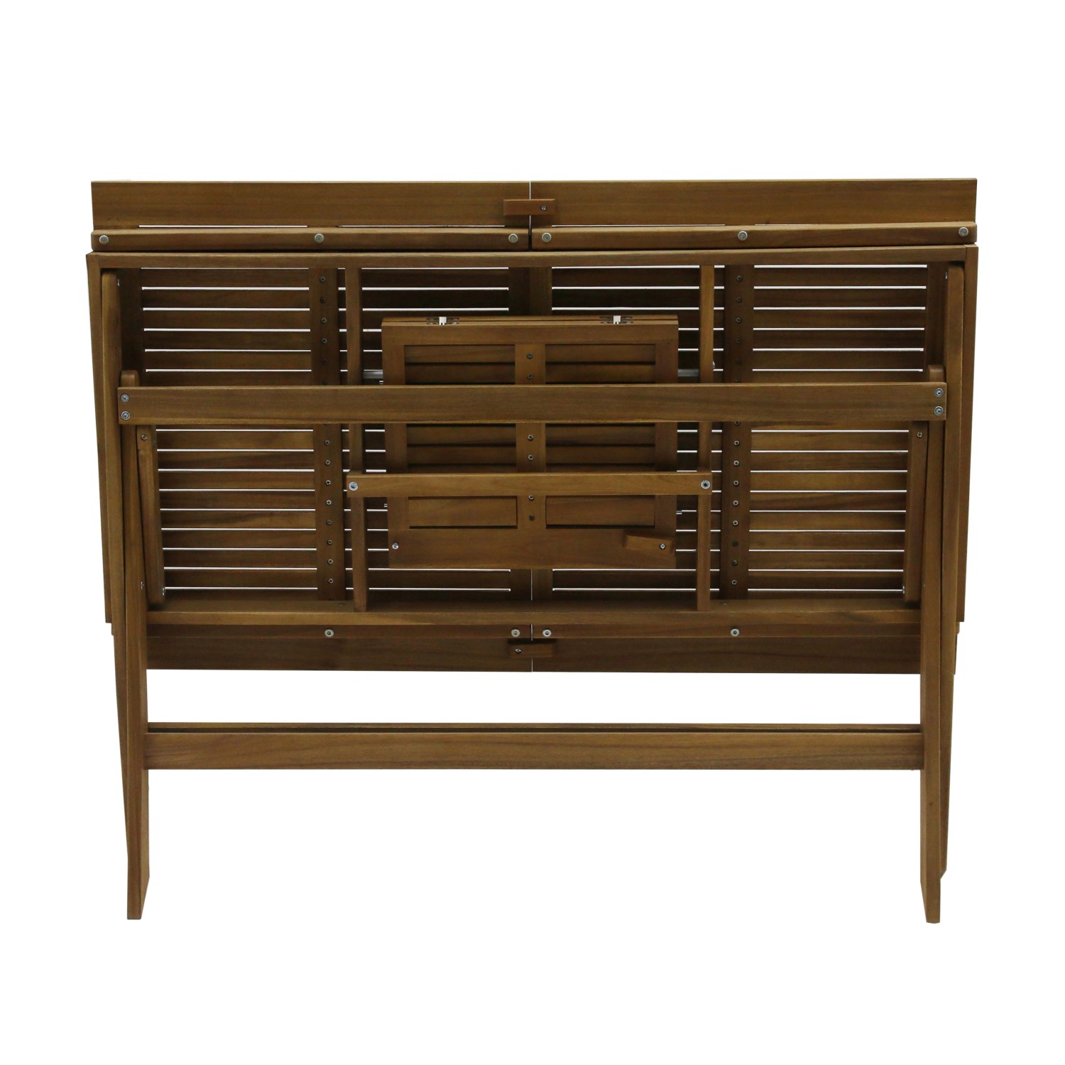 Tavolo da giardino pieghevole in legno, ideale per risparmiare spazio.