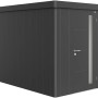 Casetta da giardino Biohort Neo 3A in grigio scuro metallizzato con porta standard e finestra.