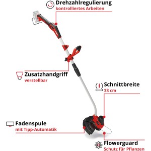 Einhell GE-CT 18/33 Li E-Solo tagliabordi a batteria: Rifinitore a batteria con manico ausiliario e protezione fiori.