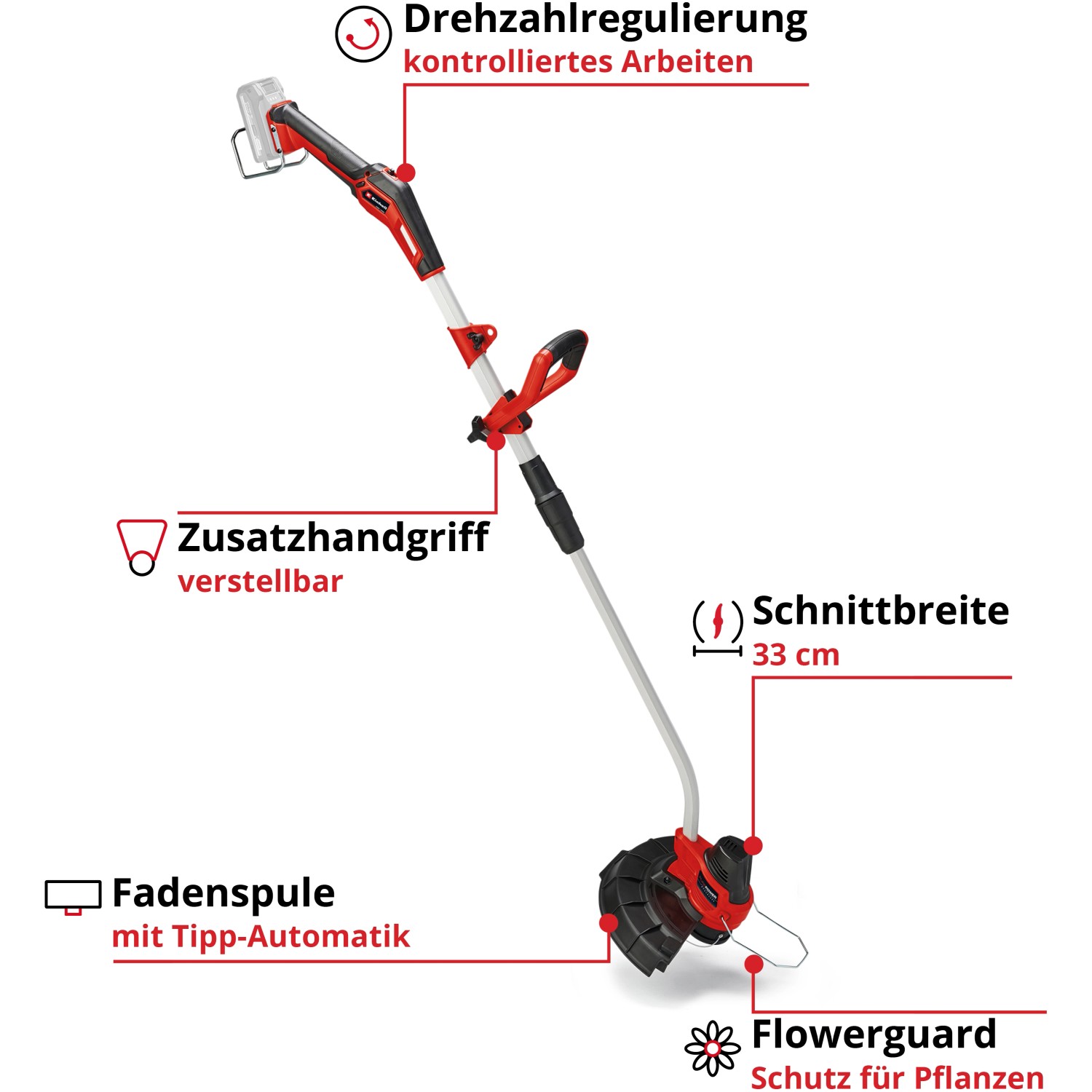 Einhell GE-CT 18/33 Li E-Solo tagliabordi a batteria: Rifinitore a batteria con manico ausiliario e protezione fiori.