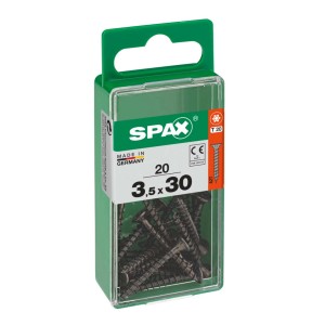 Viti universali Spax, 3,5x30 mm, zincate, nere, 20 pezzi in contenitore di plastica verde.