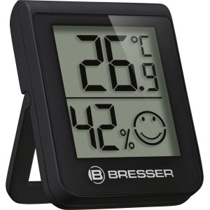 Termoigrometro nero BRESSER HumiTemp che mostra temperatura e umidità.