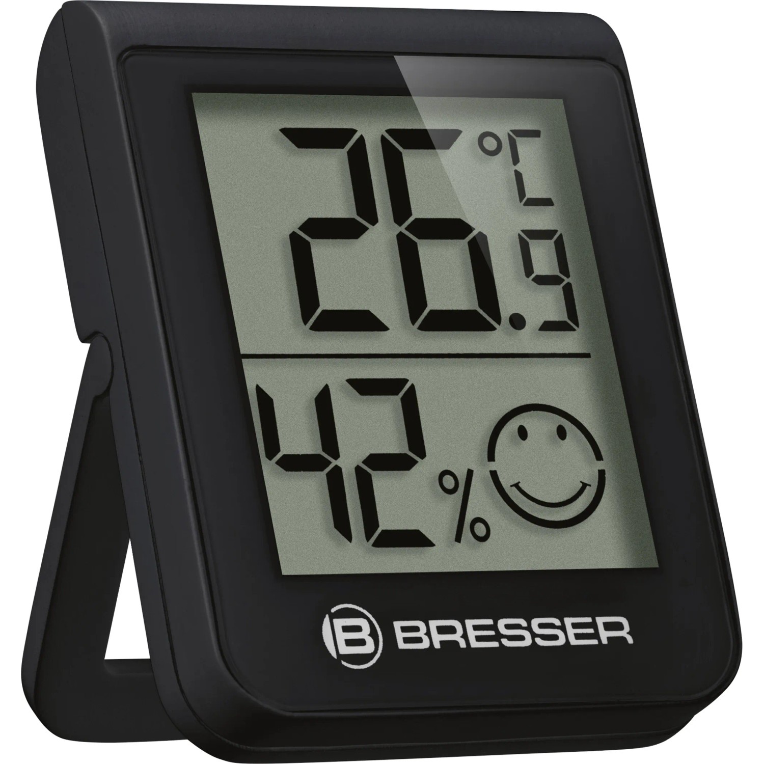 Termoigrometro nero BRESSER HumiTemp che mostra temperatura e umidità.