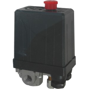 Pressostato per compressore, corpo nero con pulsante rosso.