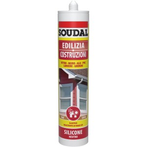 Cartuccia di silicone per edilizia Soudal, a reticolazione neutra per vetro, muratura, alluminio, PVC, lamiera e grondaie.