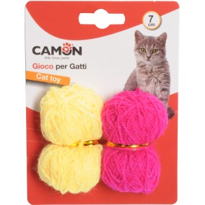 Gomitoli di lana gialli e rosa come giocattoli per gatti, diametro 7cm.