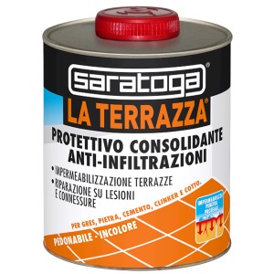 Barattolo di Saratoga La Terrazza, protettivo consolidante anti-infiltrazioni per terrazze.