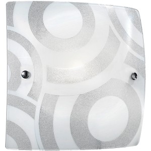 Plafoniera quadrata con motivo a cerchi argentati per montaggio a soffitto.