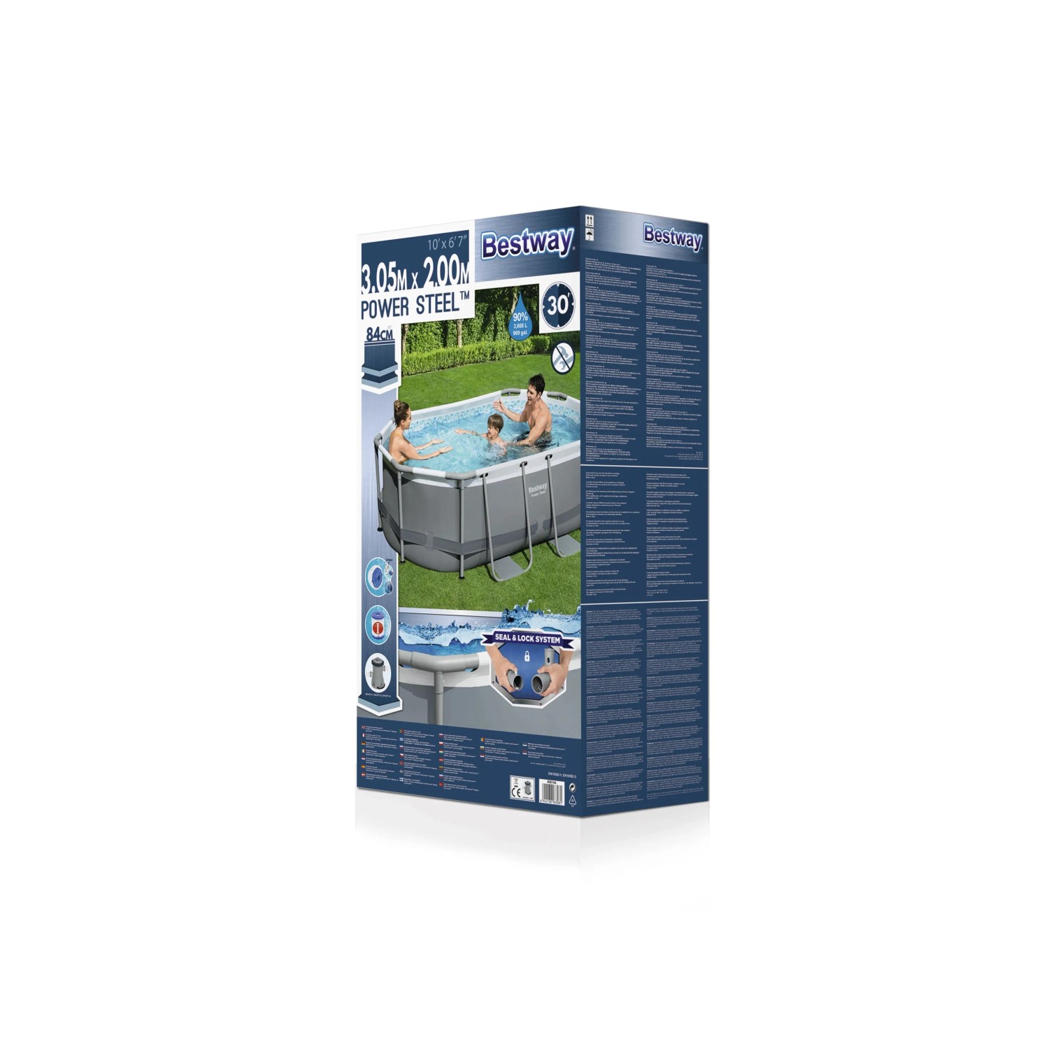Confezione di una piscina fuori terra Bestway Power Steel, 3,05 x 2,00 m, con illustrazione della piscina.