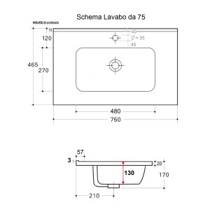 Disegno tecnico lavabo singolo t.b.t. con dimensioni.