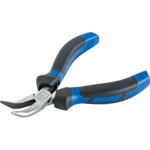 Pinza a becco LUX, piegata, 120 mm, con impugnatura 2K blu e nera per lavori di precisione.